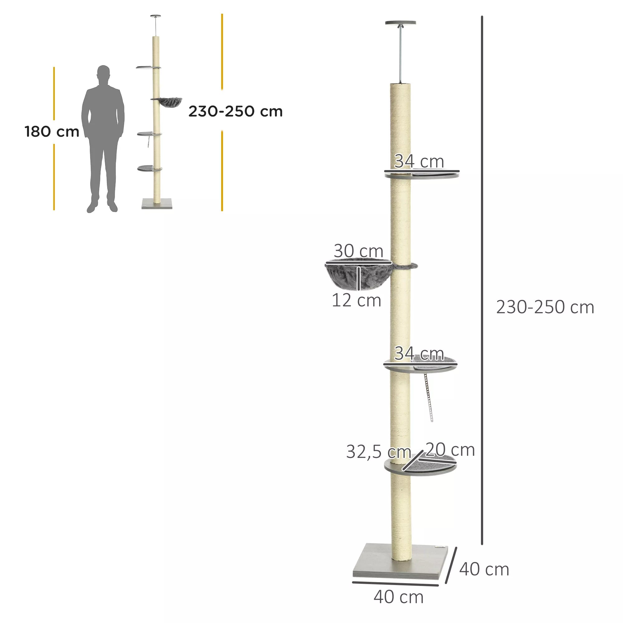 Kaķu skrāpēšanas stabs ar šūpuļtīklu, ar griestu spriegotāju, līdz griestiem, 40 cm x 40 m x 250 cm, pelēks + krēmbalts