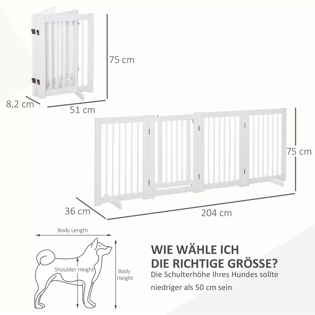 Šunų užtvaras 4 dalių, 204 x 75 cm Sulankstomi apsauginiai varteliai su durelėmis, Laisvai pastatomi šunų varteliai su 2 atraminėmis kojelėmis, Mediniai varteliai laiptams, koridoriui, virtuvei, balti