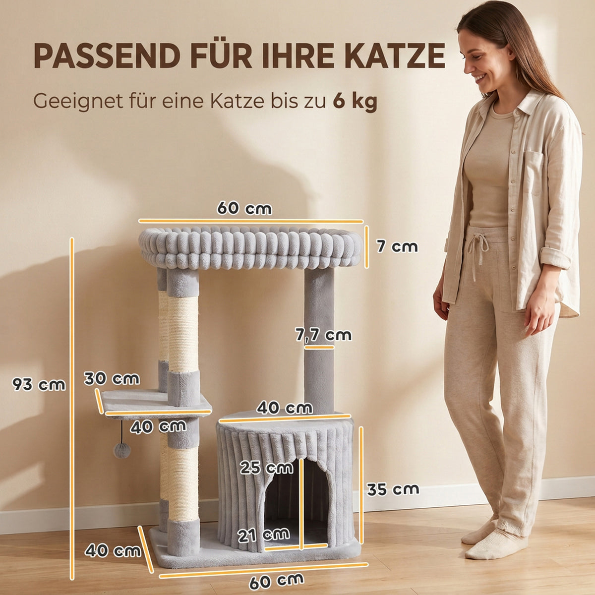 Draskyklė 93 cm, 3 lygių, su nameliu, didele skalbiama gulimąja vieta ir 4 sizalio stulpais, katei iki 6 kg, pilka