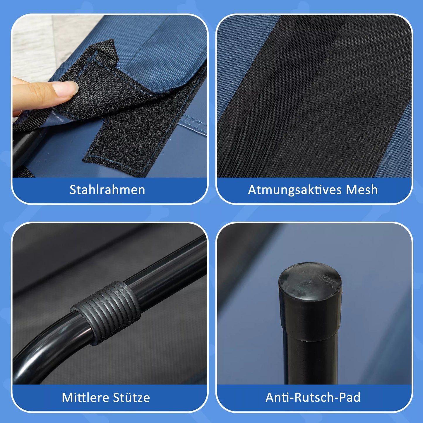 Sulankstomas lauko šunų guolis su paaukštinta platforma, 122 cm x 92 cm x 23 cm, mėlyna + juoda