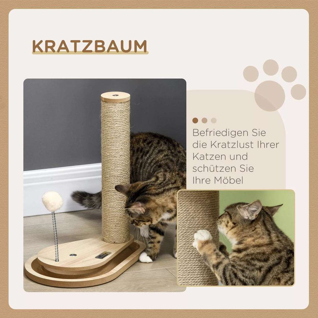Katės draskyklė kačiukams su žaislu, kamuoliukų takeliu, kamuoliuku su spyruokle, 35 cm x 23 cm x 40 cm, natūrali