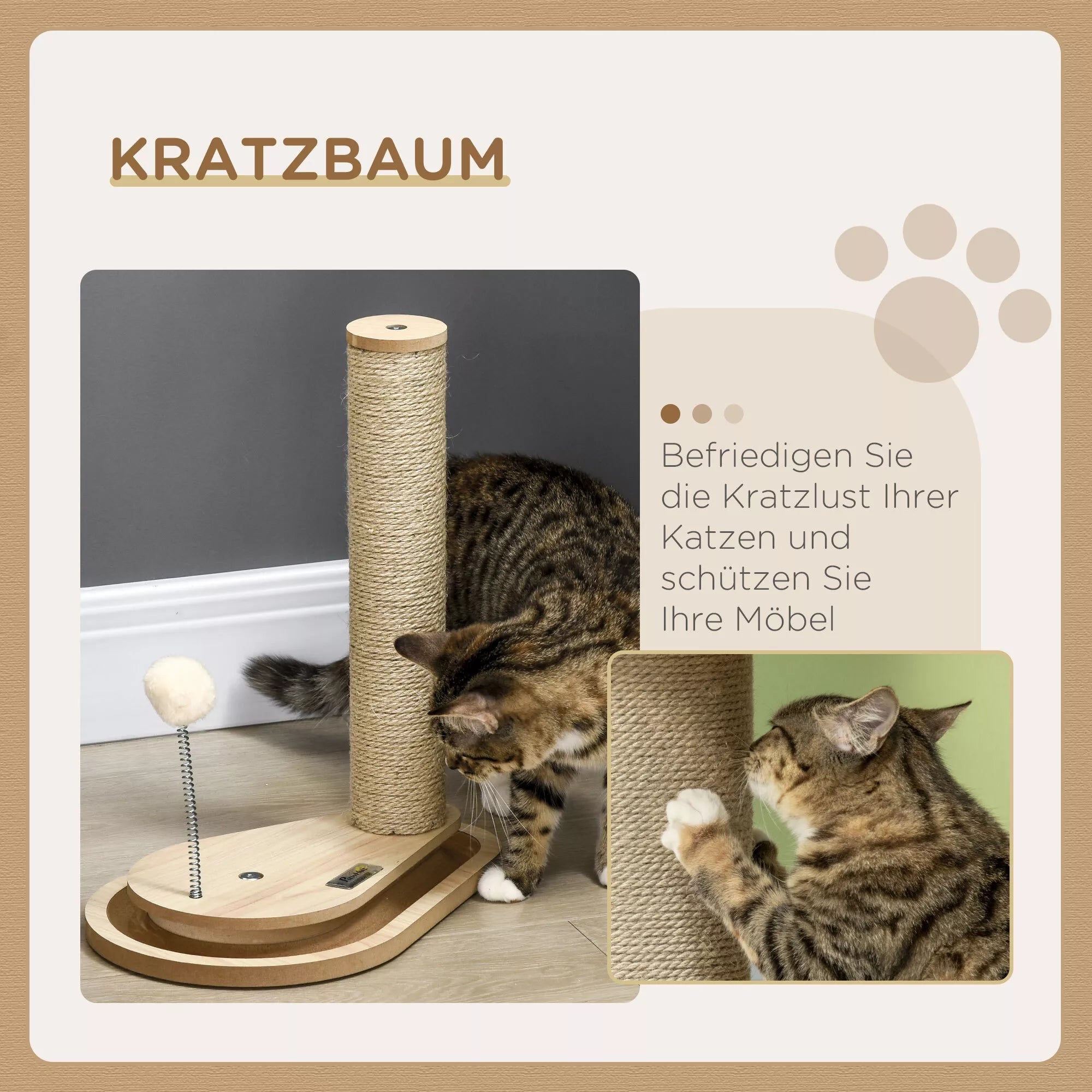 Katės draskyklė kačiukams su žaislu, kamuoliukų takeliu, kamuoliuku su spyruokle, 35 cm x 23 cm x 40 cm, natūrali