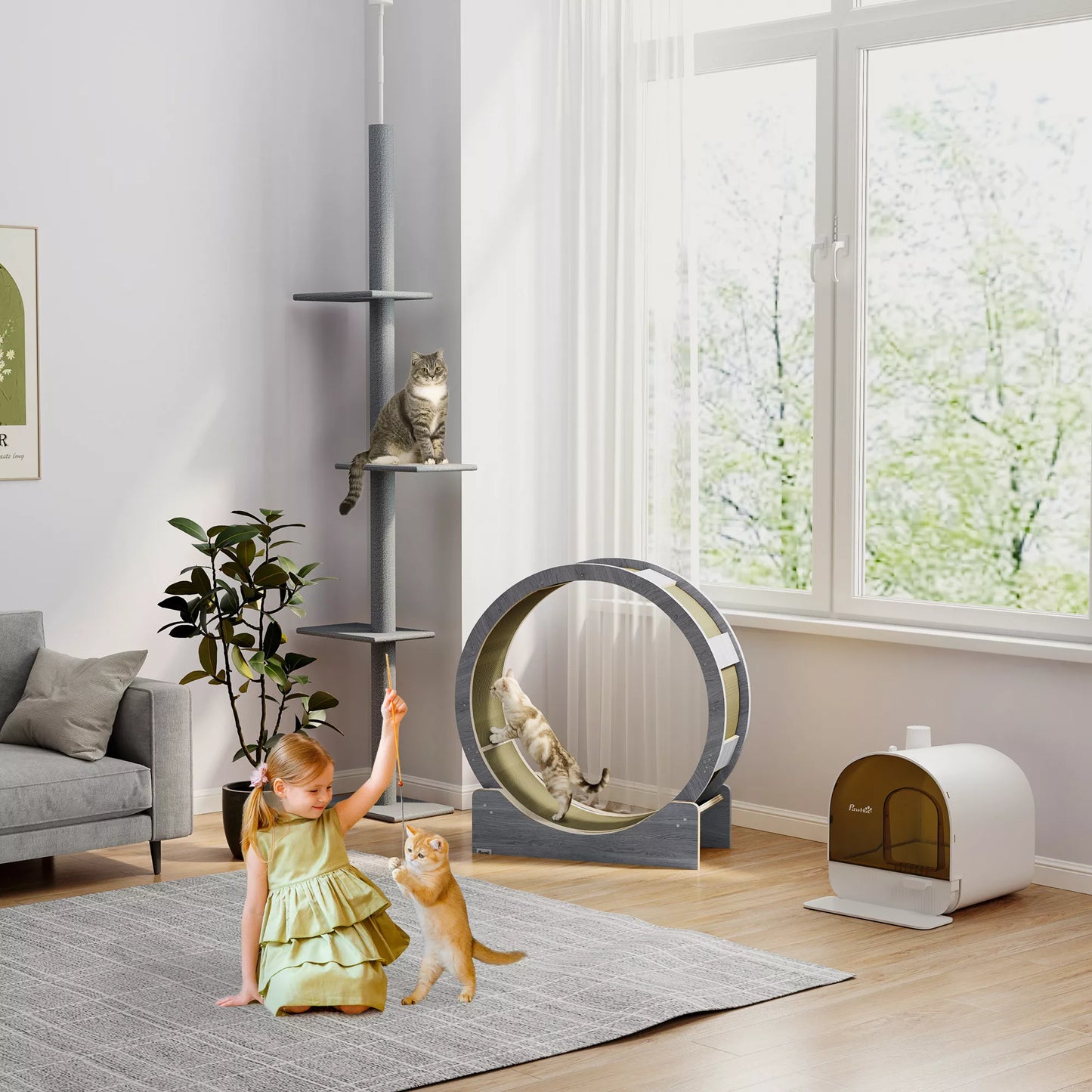 Kaķa skriešanas ritenis, 91 cm, ar bremzi un skrāpēšanas stabu, veselīgai kustībai, valrieksta krāsā