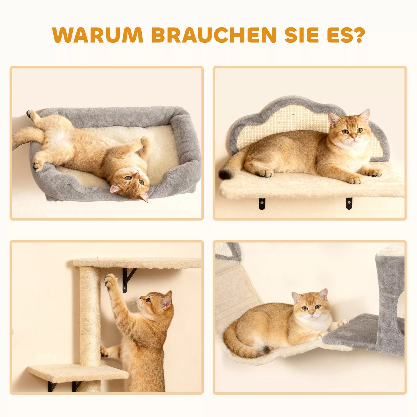 Pie sienas stiprināms kaķu skrāpējamo stabu komplekts ar sizala skrāpējamām virsmām, 4 daļas, 1-3 kaķiem, bēšs