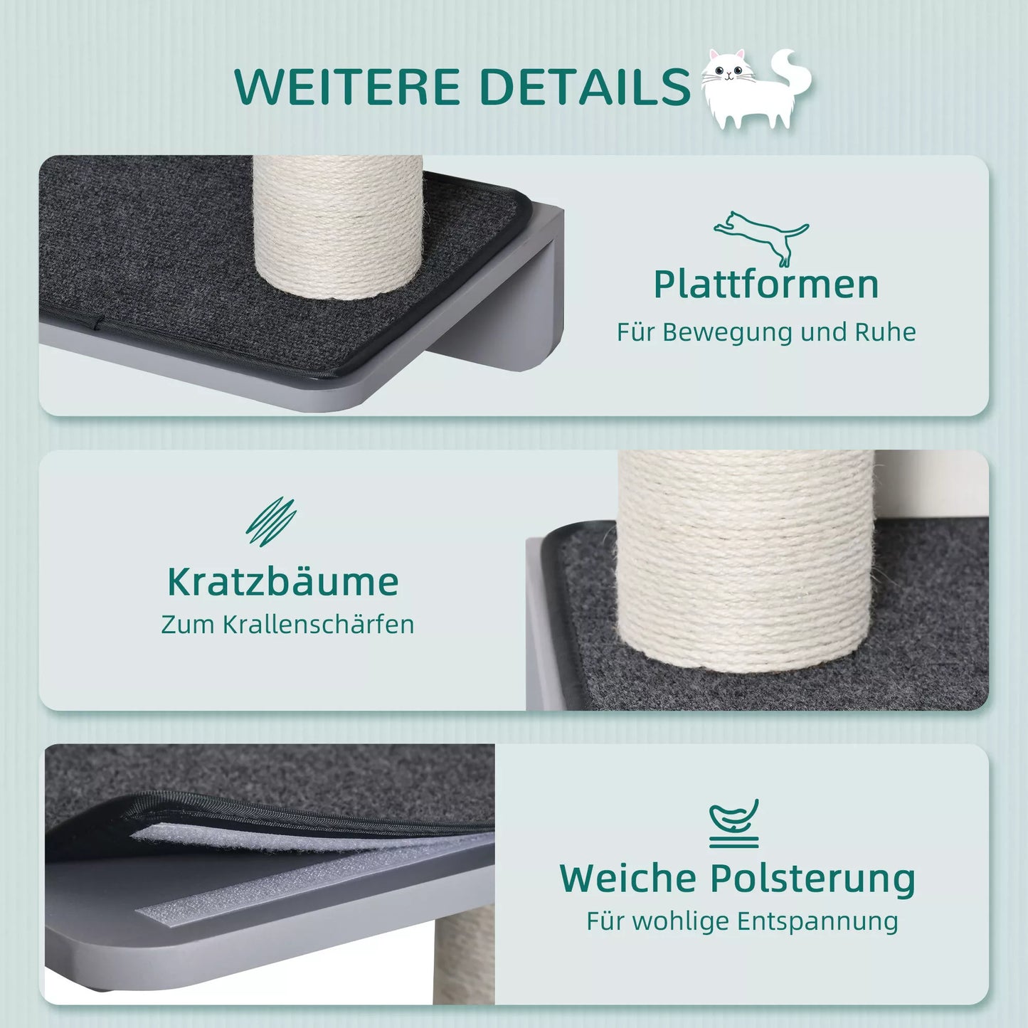 PawHut kaķu skrāpēšanas stabs pie sienas, kaķu kāpšanas siena, kaķu mēbeles pie sienas, jautra kāpšanas vieta kaķiem, stiprināma pie sienas, koka, gaiši pelēka+bēša, 66 x 28 x 137 cm