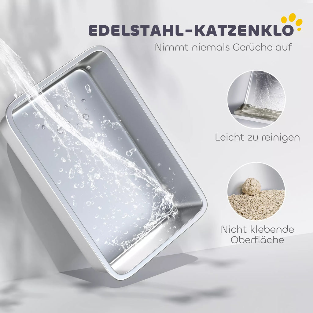 Katės tualetas iš nerūdijančio plieno, atviras katės tualetas su aukštu kraštu ir kastuvu, skirtas didelėms katėms iki 12 kg 69,8 x 50,3 x 29,8 cm Pilkas