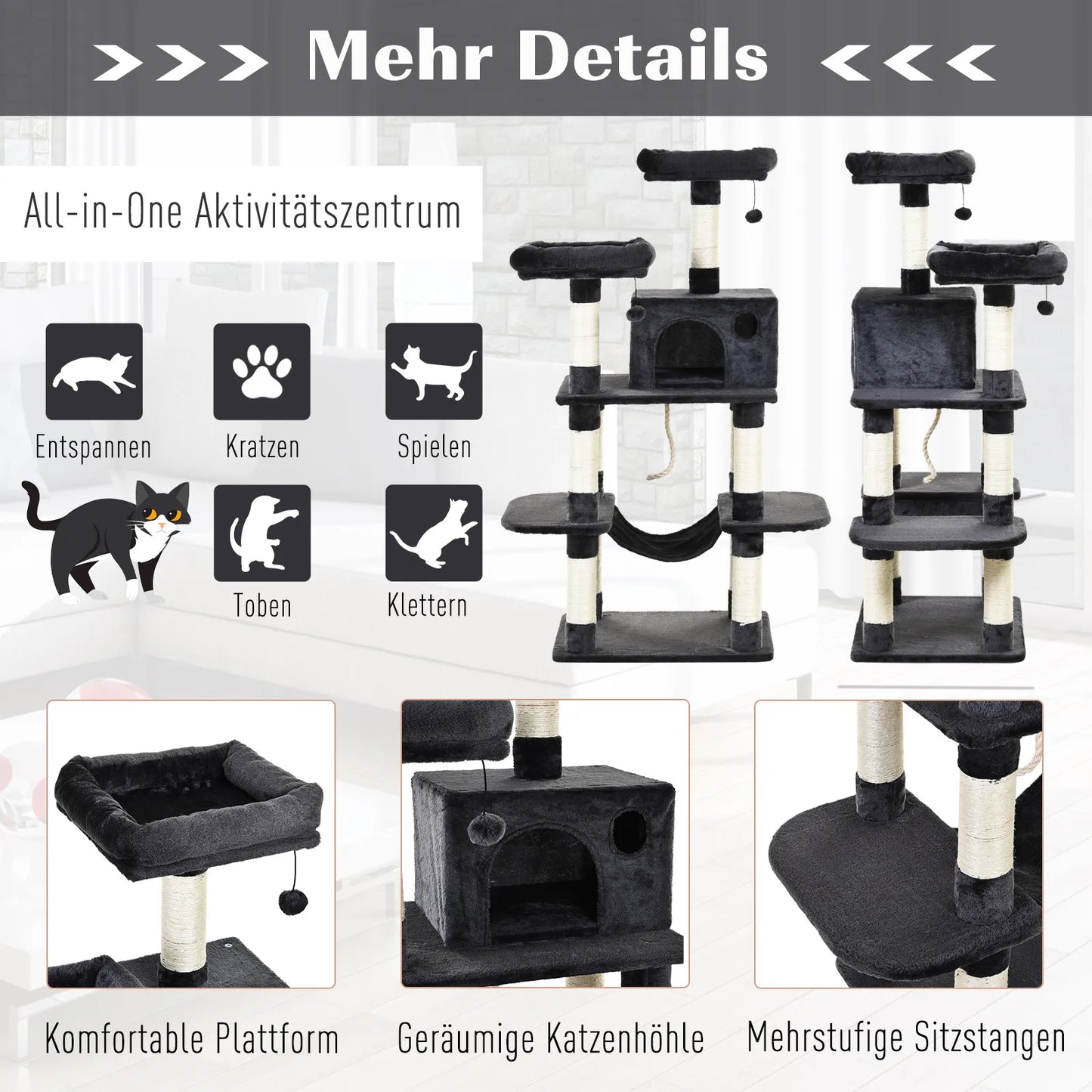 Luxury cat tree with hammock and house, dark grey, 60 x 48 x 144 cm