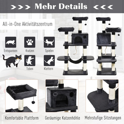 Luxury cat tree with hammock and house, dark grey, 60 x 48 x 144 cm