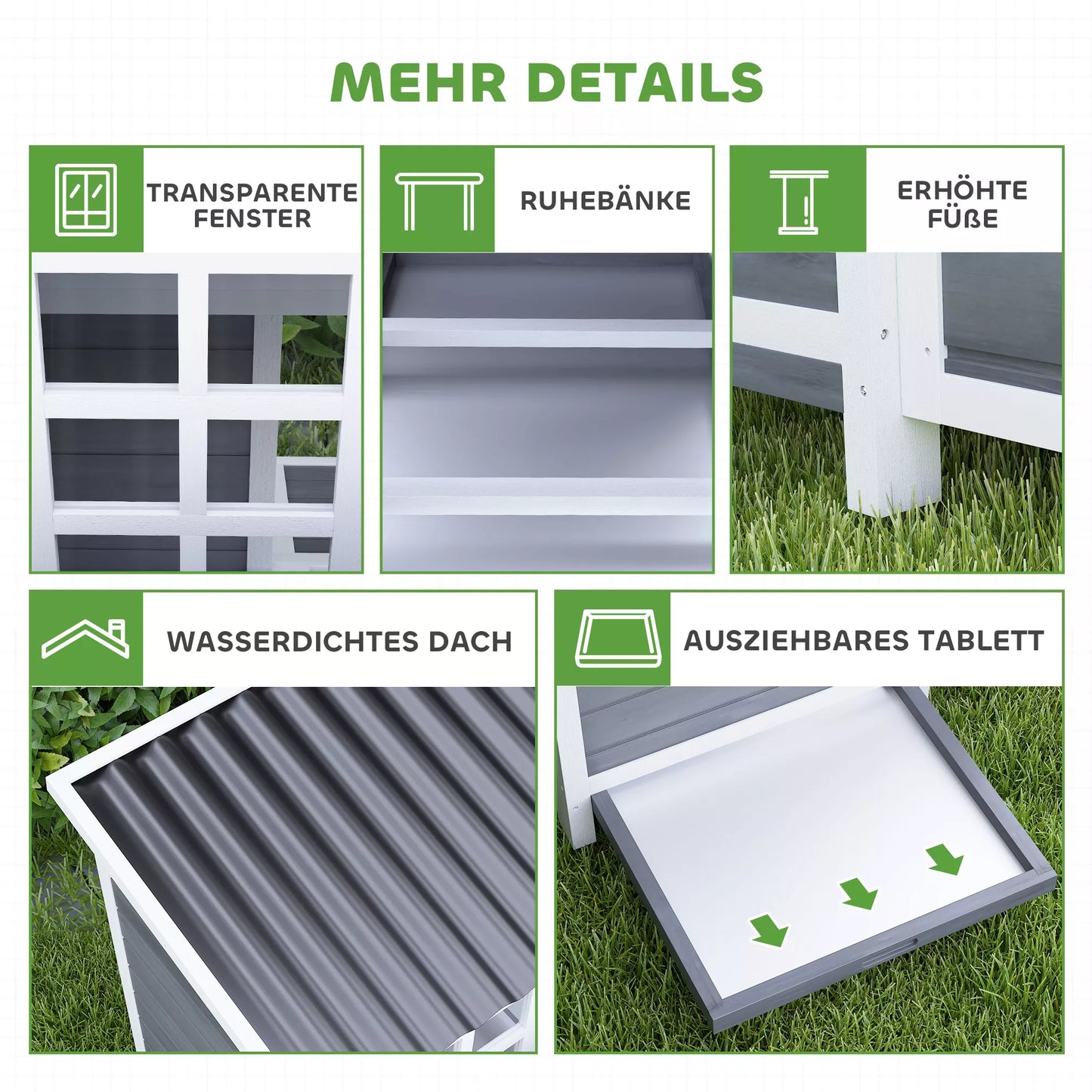 Chicken coop with nesting box for 4-6 chickens, waterproof roof, spruce wood, plastic, 100 x 86 x 100 cm, light gray