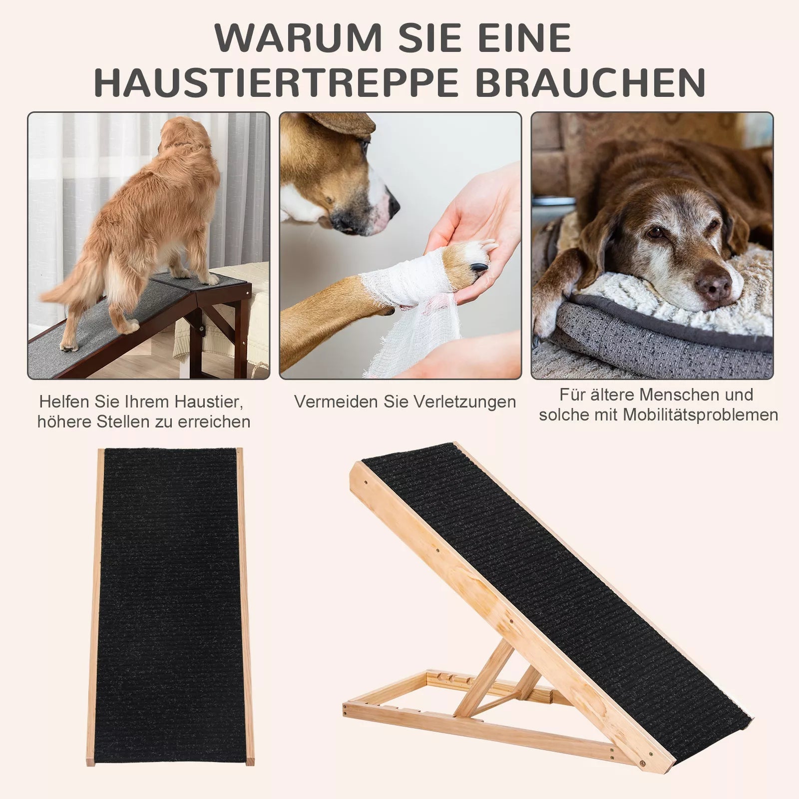 Regulējama suņu rampa ar neslīdošu paklājiņu lieliem suņiem. Materiāls: priedes koks, poliesters. Krāsa: melna + dabīgs koks. Izmēri: 90 cm garums x 40 cm platums x 61 cm augstums.