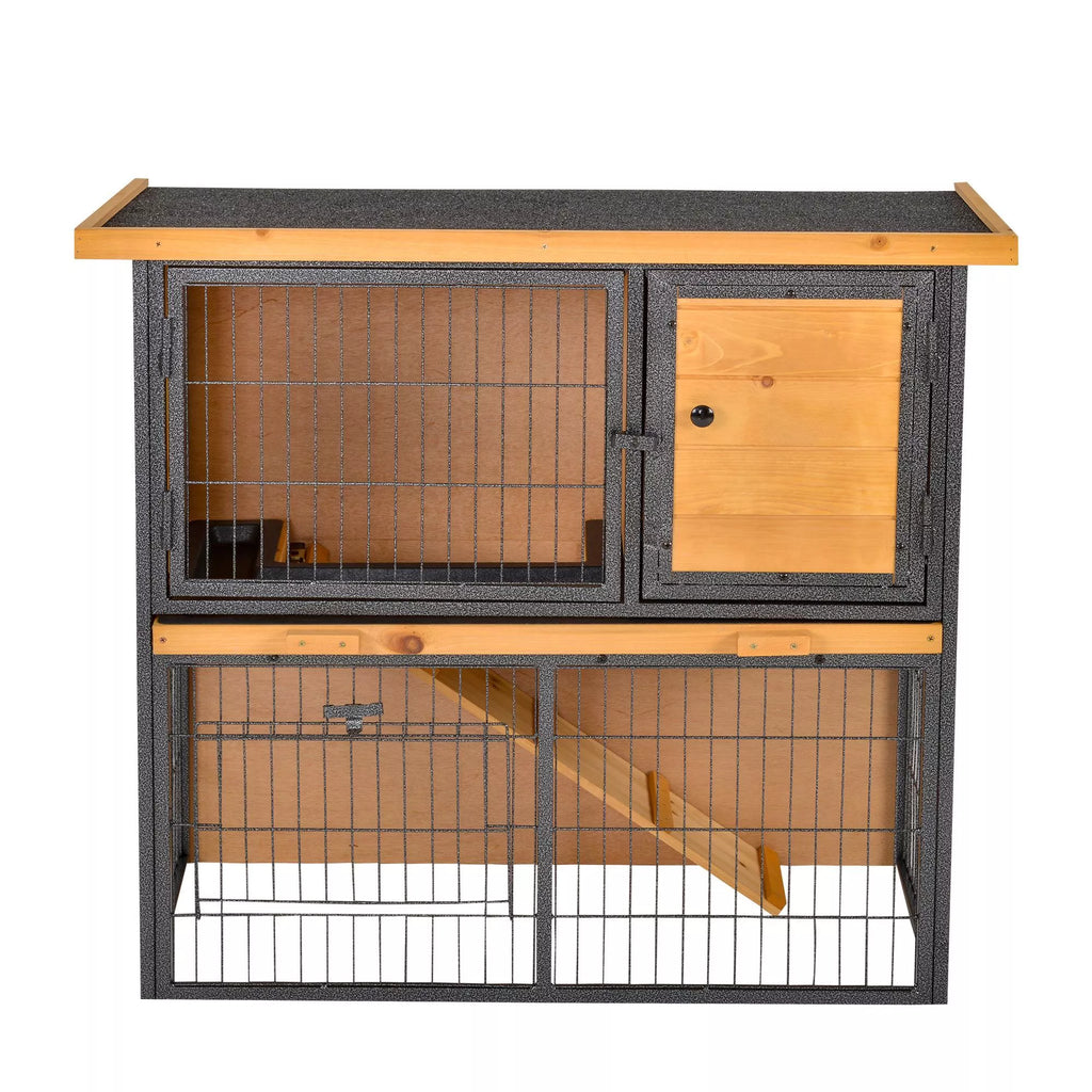 Mažų gyvūnų narvas, pakeltas naminių gyvūnų namelis, narvas su užrakinamomis durimis, medžio ir metalo, šviesiai geltonos spalvos, 89,5 x 45 x 81 cm