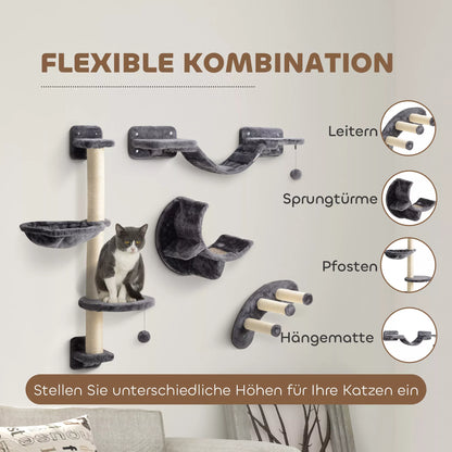 4 dalių katės laipiojimo sienelės komplektas su hamaku, katės tilteliu, iki 5 kg, tamsiai pilkas