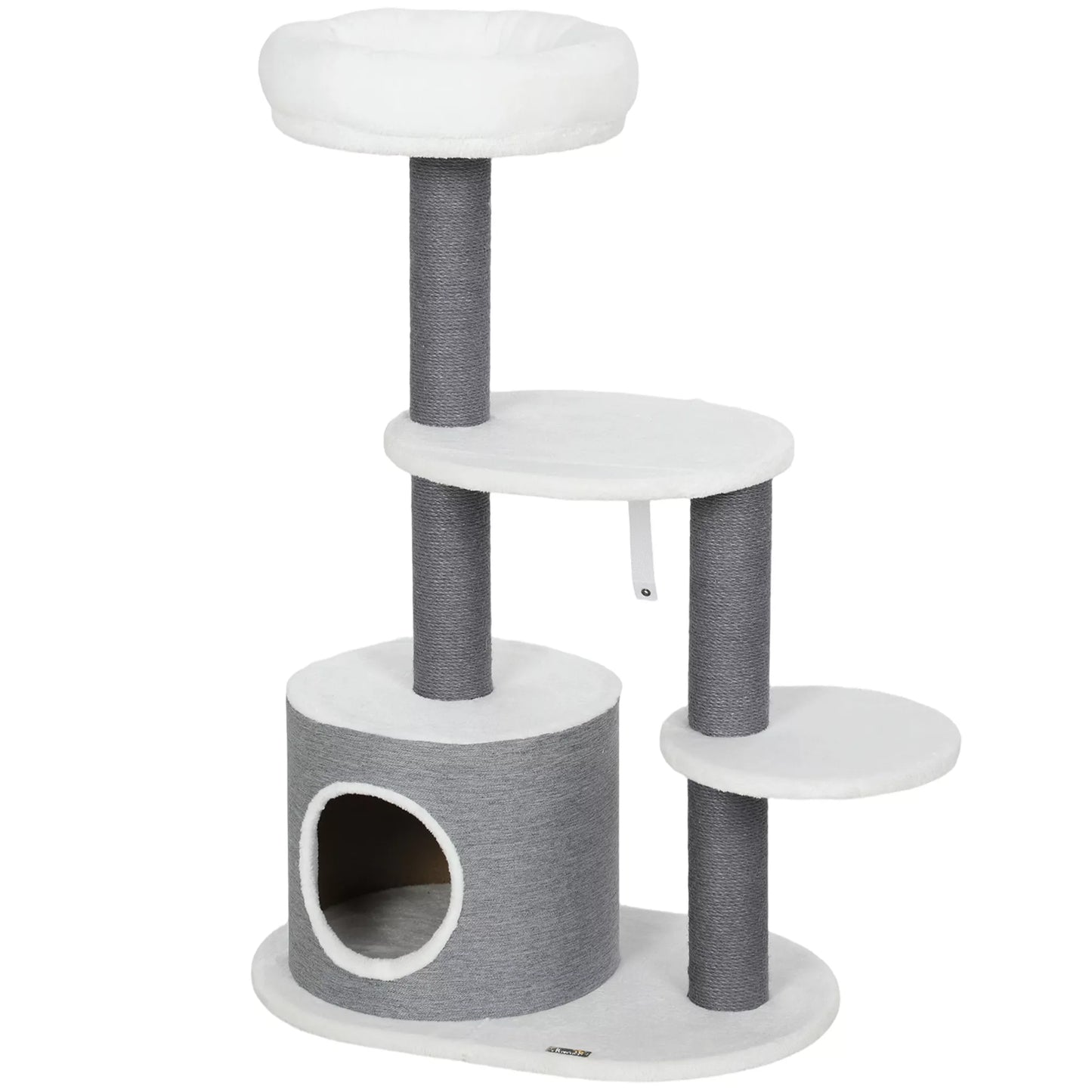 Cat tree with 1 cat cave, 1 cat bed, 2 platforms, felt rope posts, white + gray