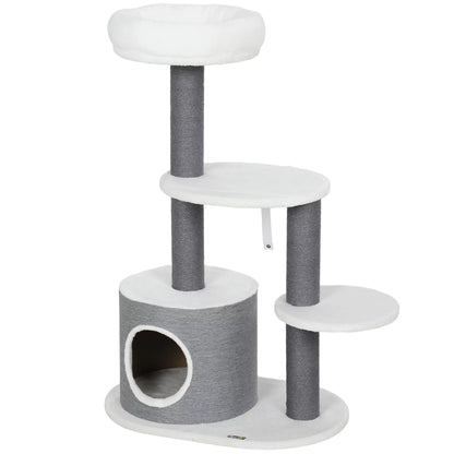 Cat tree with 1 cat cave, 1 cat bed, 2 platforms, felt rope posts, white + gray