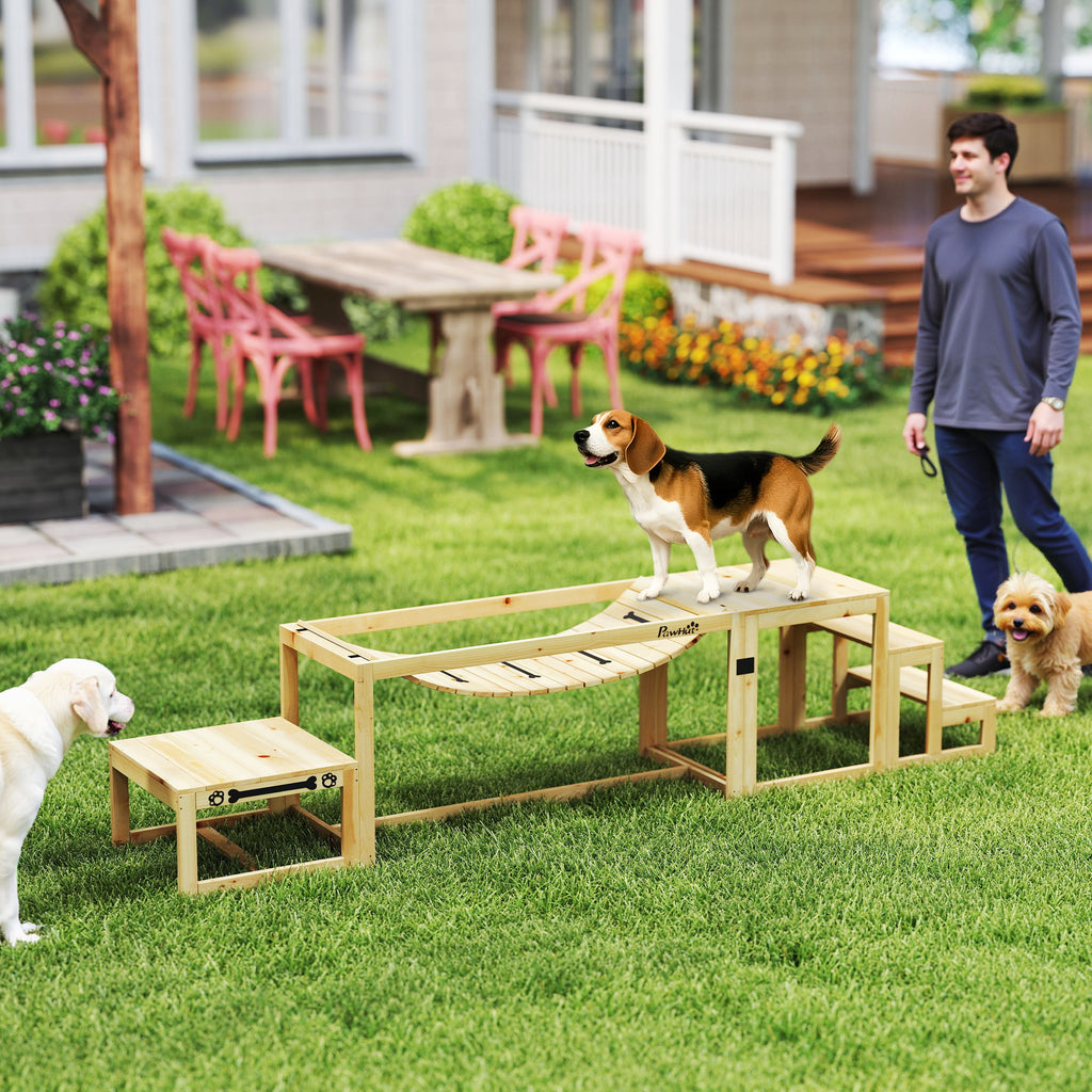 Agility rinkinys šunims: tiltelis, laiptai ir platforma, iš eglės medienos, iki 40 kg, natūralaus medžio spalvos