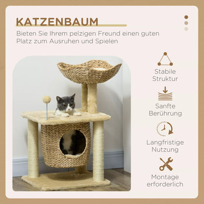 Cat scratching post with cat bed, resting platform, play ball, 45x40x74cm, beige
