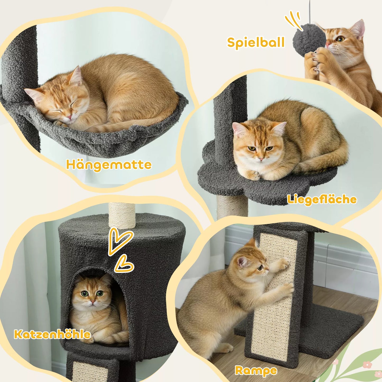 Cat tree, cave, hammock, adjustable height, scratching post with fabric cover, gray