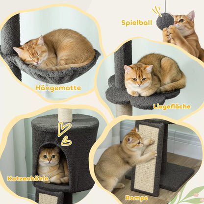 Cat tree, cave, hammock, adjustable height, scratching post with fabric cover, gray