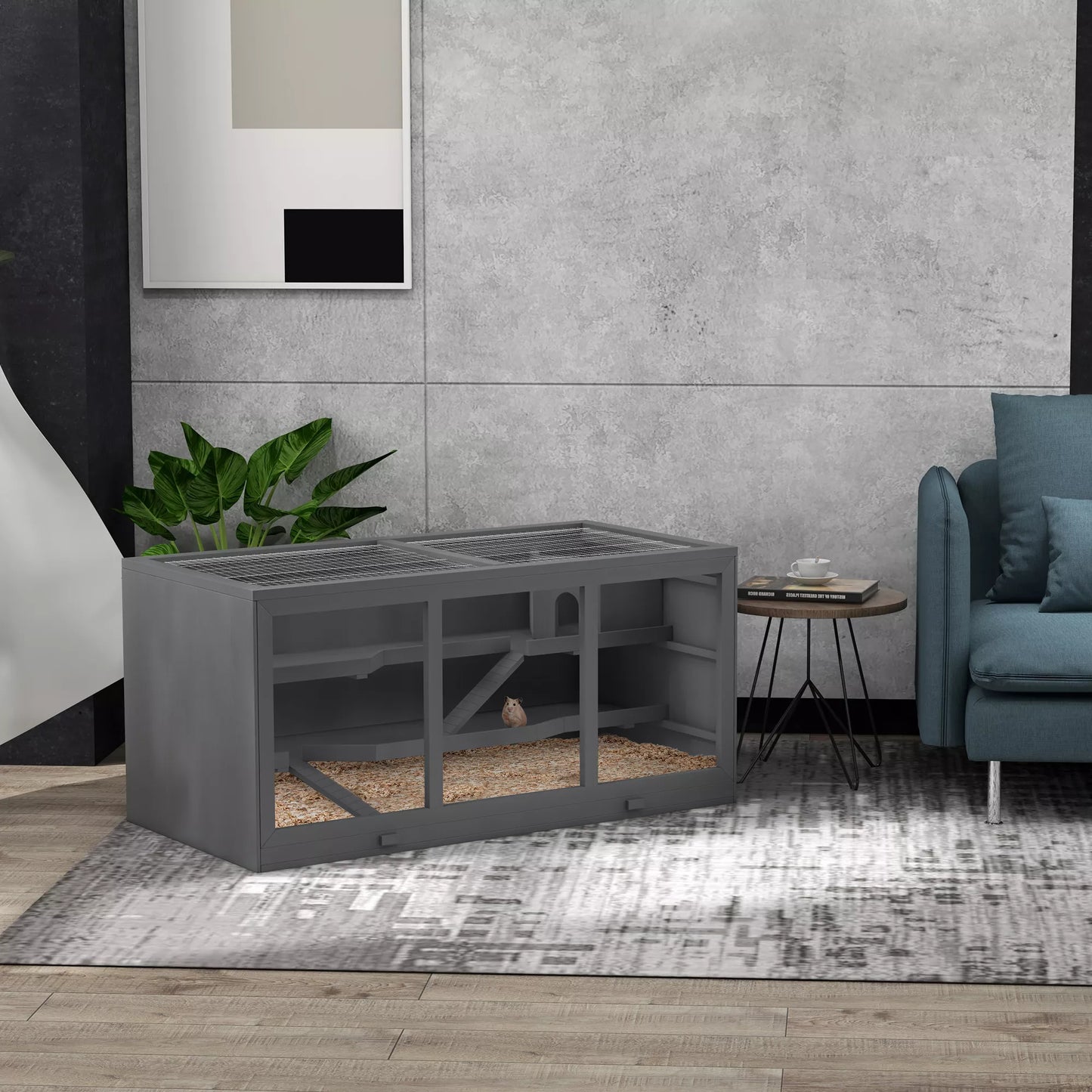 Nykštukinių žiurkėnų narvelis, graužikų narvas, smulkių gyvūnėlių dėžė, užrakinamas, medinis, lengvai prižiūrimas, pilkas