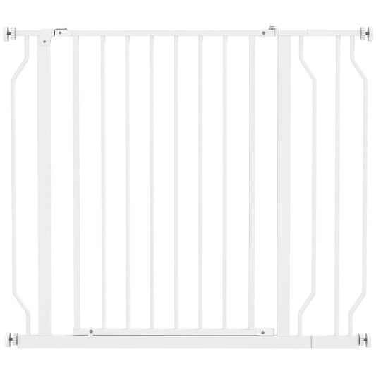 Šunų apsauginė grotelė, užtvaros grotelė, dviejų krypčių atidarymas, sieninis laikiklis su spaustukais, reguliuojamas nuo 75 cm iki 95 cm, balta spalva