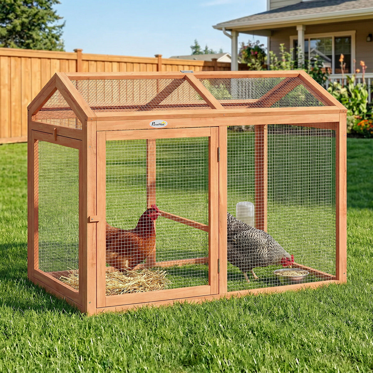 Lauko aptvaras vištoms 104x70,5x84 cm, medinis, su lakta ir dvejomis durimis, 2 vištoms, oranžinis