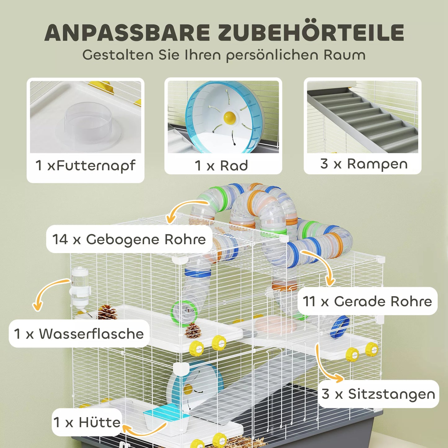 Nykštukinių žiurkėnų narvas, 4 lygiai, tunelių sistema, būdelė, aksesuarai, viršutinis atidarymas, 78 x 45 x 73 cm, Pilkas