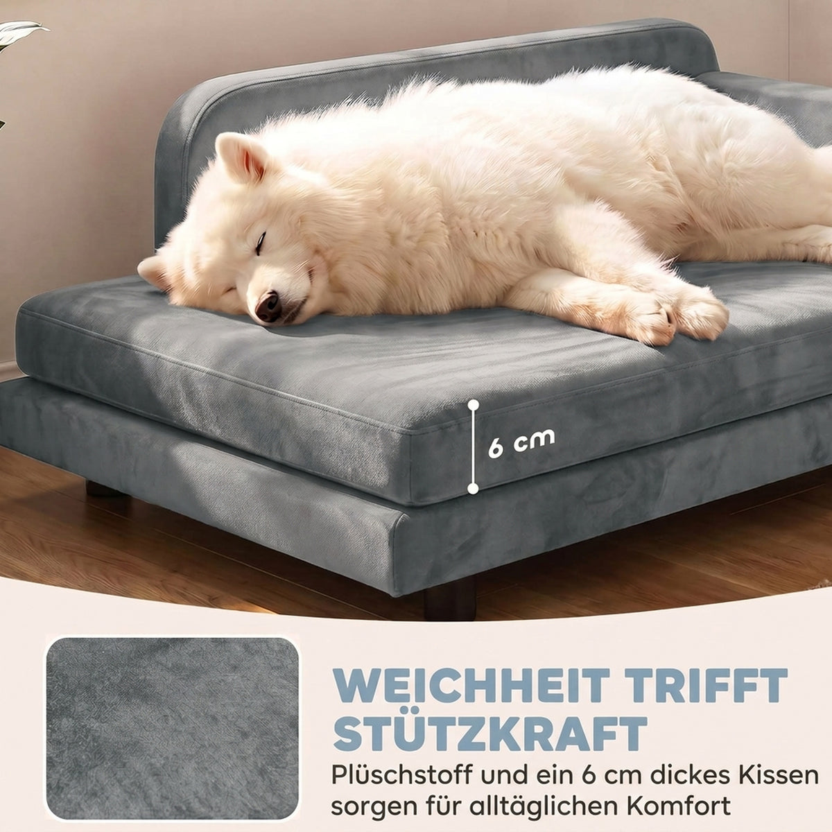 Sofa-guolis dideliems šunims su atlošu, 101x66x34,5 cm, išimama 6 cm pagalve, šunims iki 35 kg, pilka