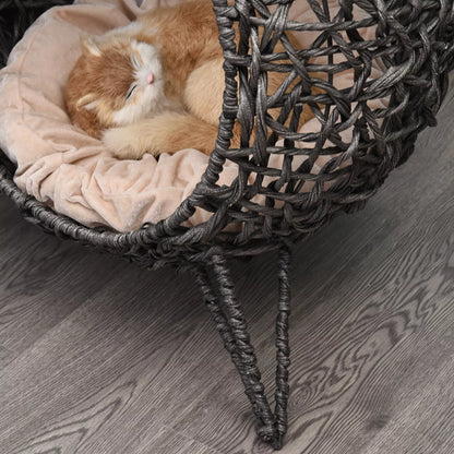 Rattan cat house with cushion, cat sleeping place, cat bed with raised legs, silver gray, Ø52 x 58 cm