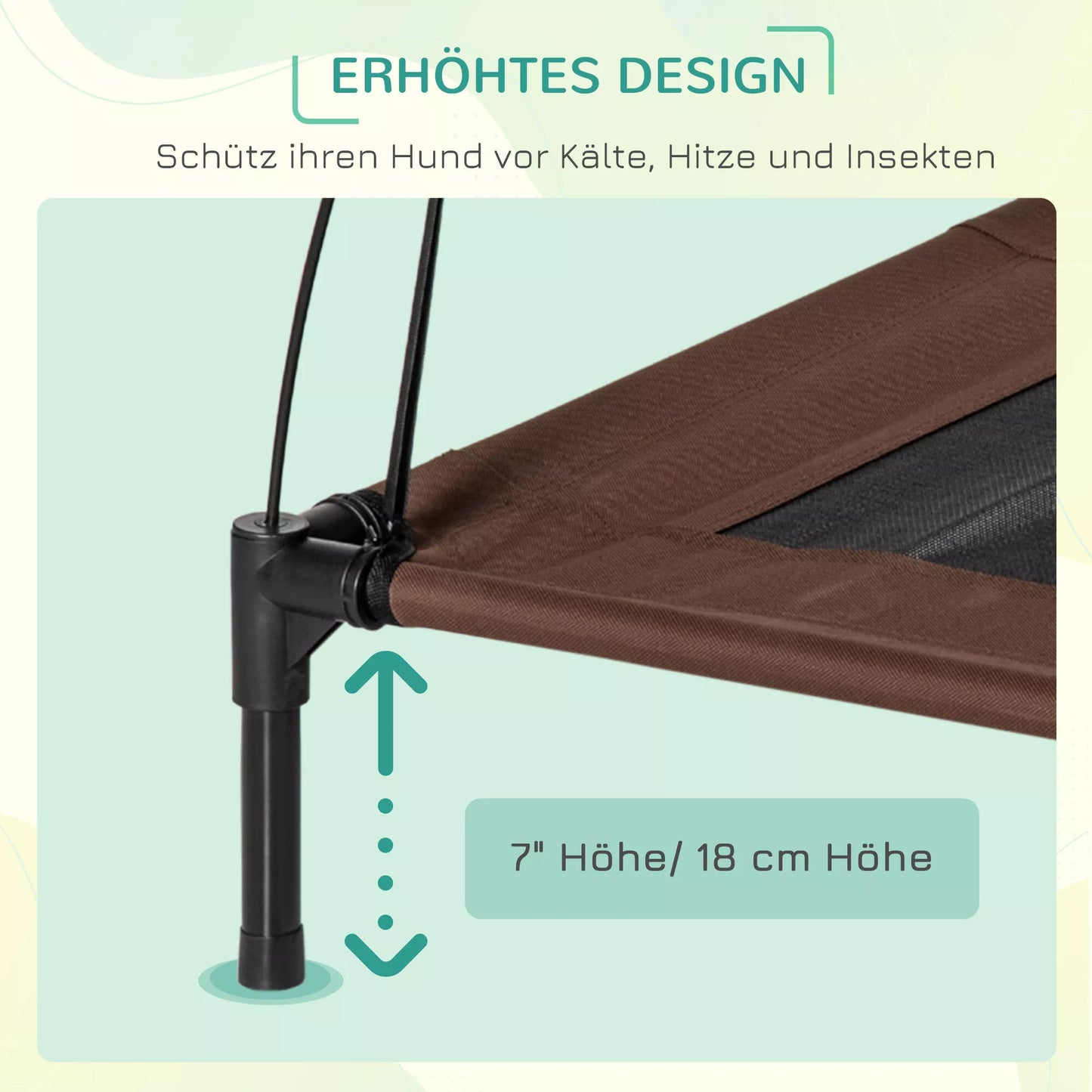 Pakeltas šunų guolis su stogeliu, naminių gyvūnėlių lova lauke su stogu, kvėpuojantis, tafto audinys kempingui, kavos spalvos, 76 x 61 x 73 cm