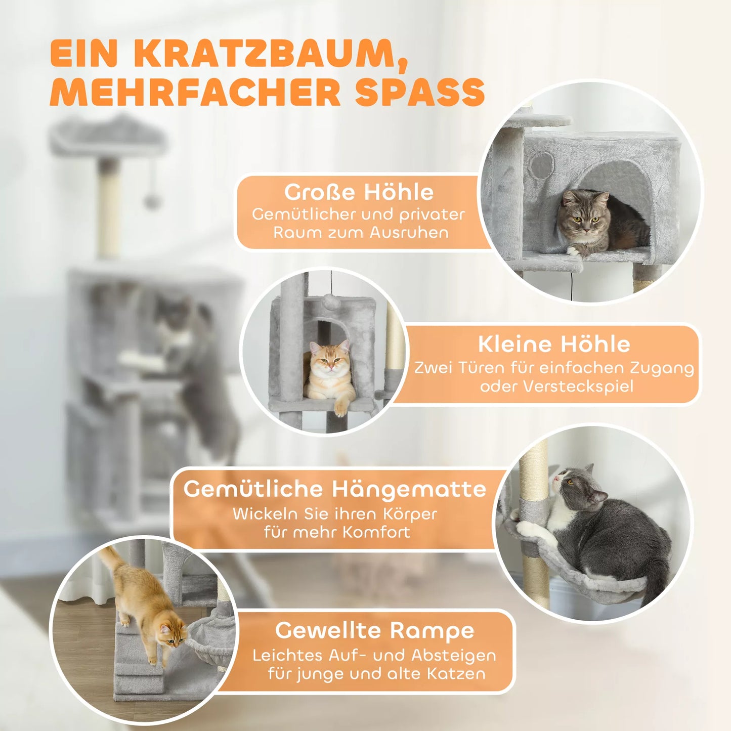 140 cm kaķu skrāpējamais stabs, vairāki līmeņi, sizala skrāpējamie stabi, gultņi, plīša platformas, šūpuļtīkls, kāpnes, rotaļu bumbiņas