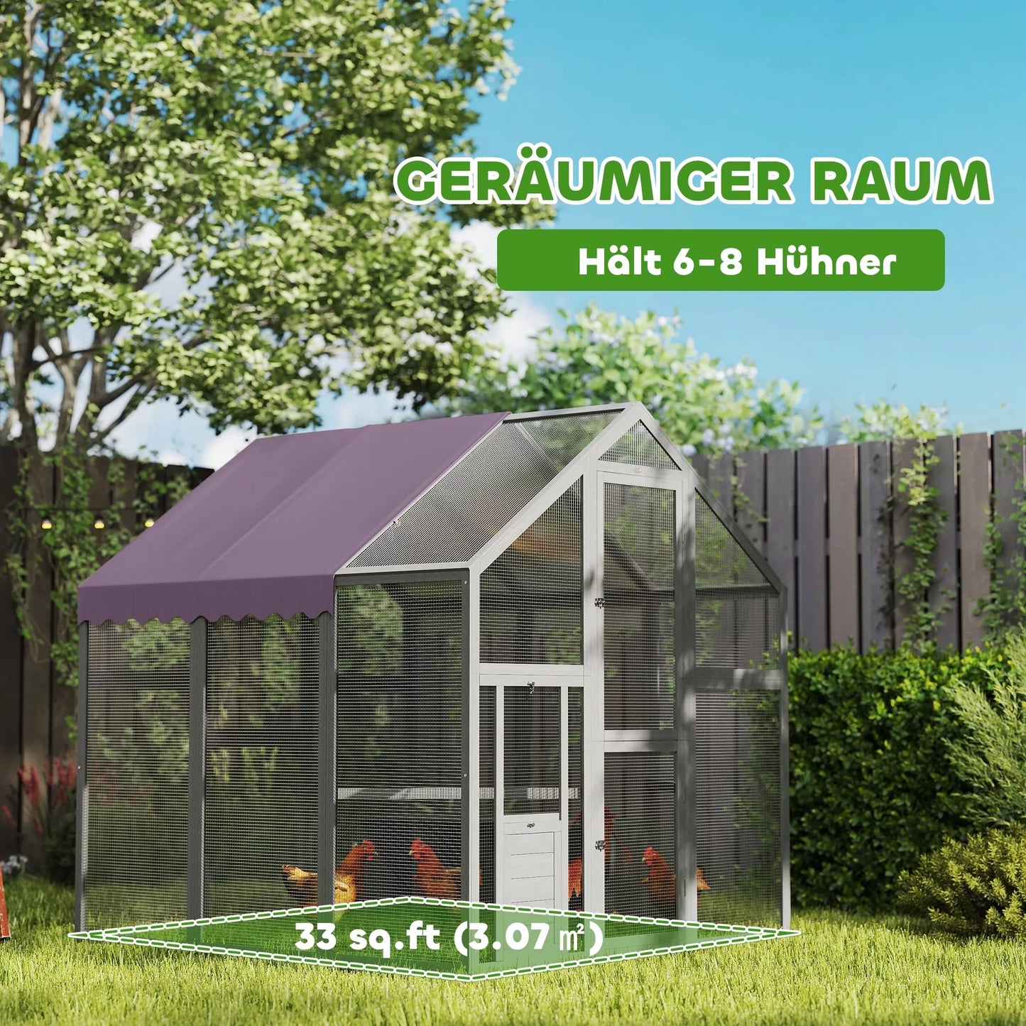 Vištidė ir aptvaras su vandeniui atspariu stogu, 2 lizdinės dėžės, 2 atraminės kartys, skirta 6-8 vištoms, apie 1,7 x 1,8 x 1,8 m