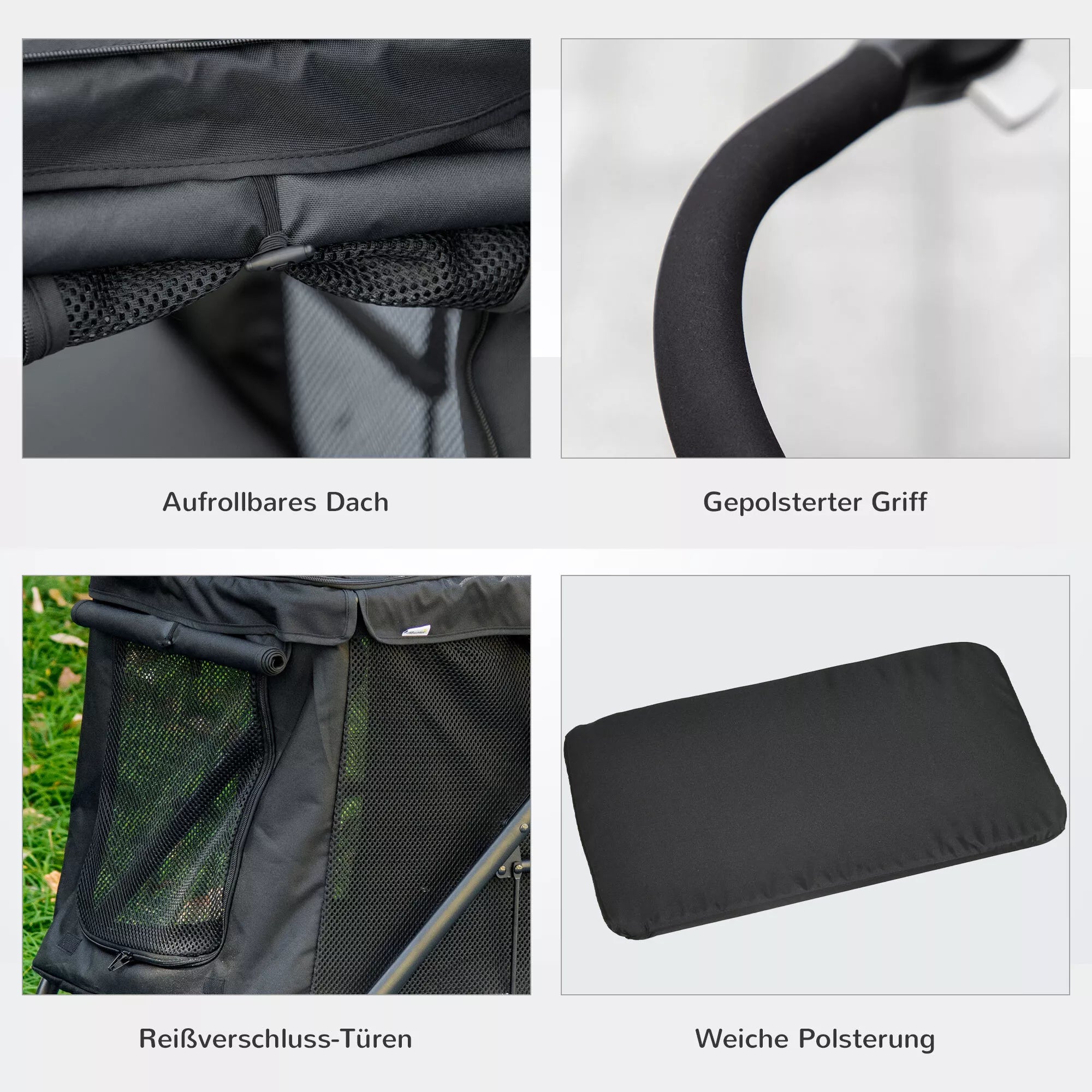 Suņu ratiņi ar spilvenu, 3 sānu kabatas, salokāmi, 102 cm x 62 cm x 105 cm, melni