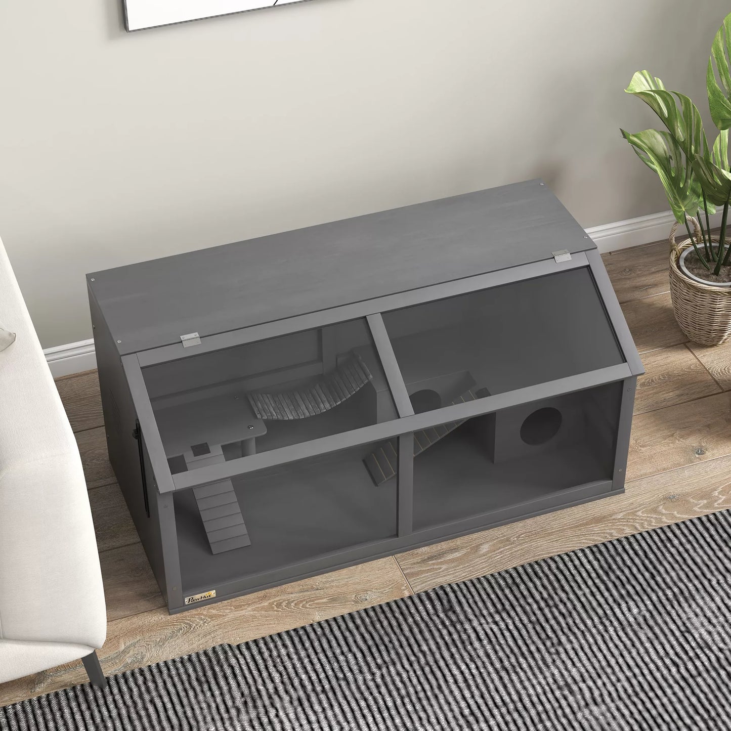 Mazu dzīvnieku un grauzēju būris ar aksesuāriem, egles koks, 100 cm x 52 cm x 50 cm, pelēks