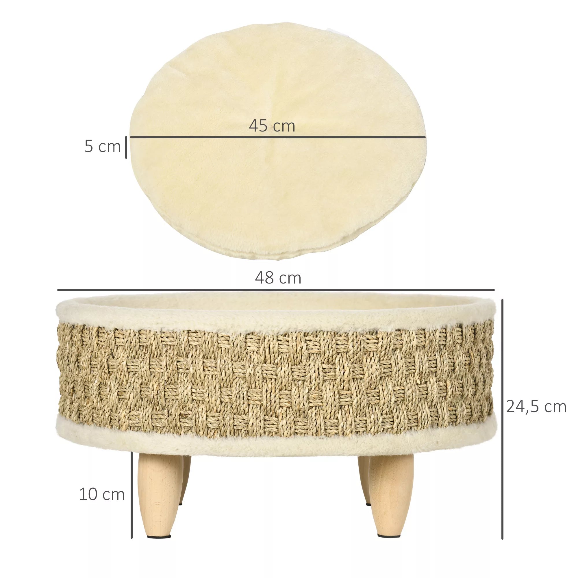 Mājdzīvnieku gulta kaķiem un suņiem, jūraszāles, ar mazgājamu spilvenu, 48 cm x 48 cm x 24,5 cm, smilšu + haki krāsa - dabīga