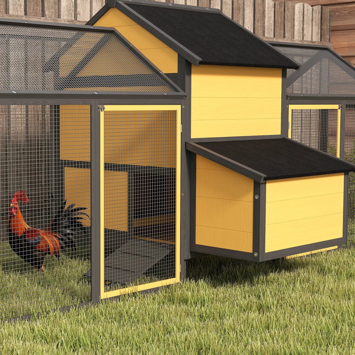 Vištidė smulkių gyvūnų aptvaras, 2 lauko aptvarai, 1 lizdavietė, 2 rampos, asfaltinis stogas, atsparus oro sąlygoms, geltonos spalvos