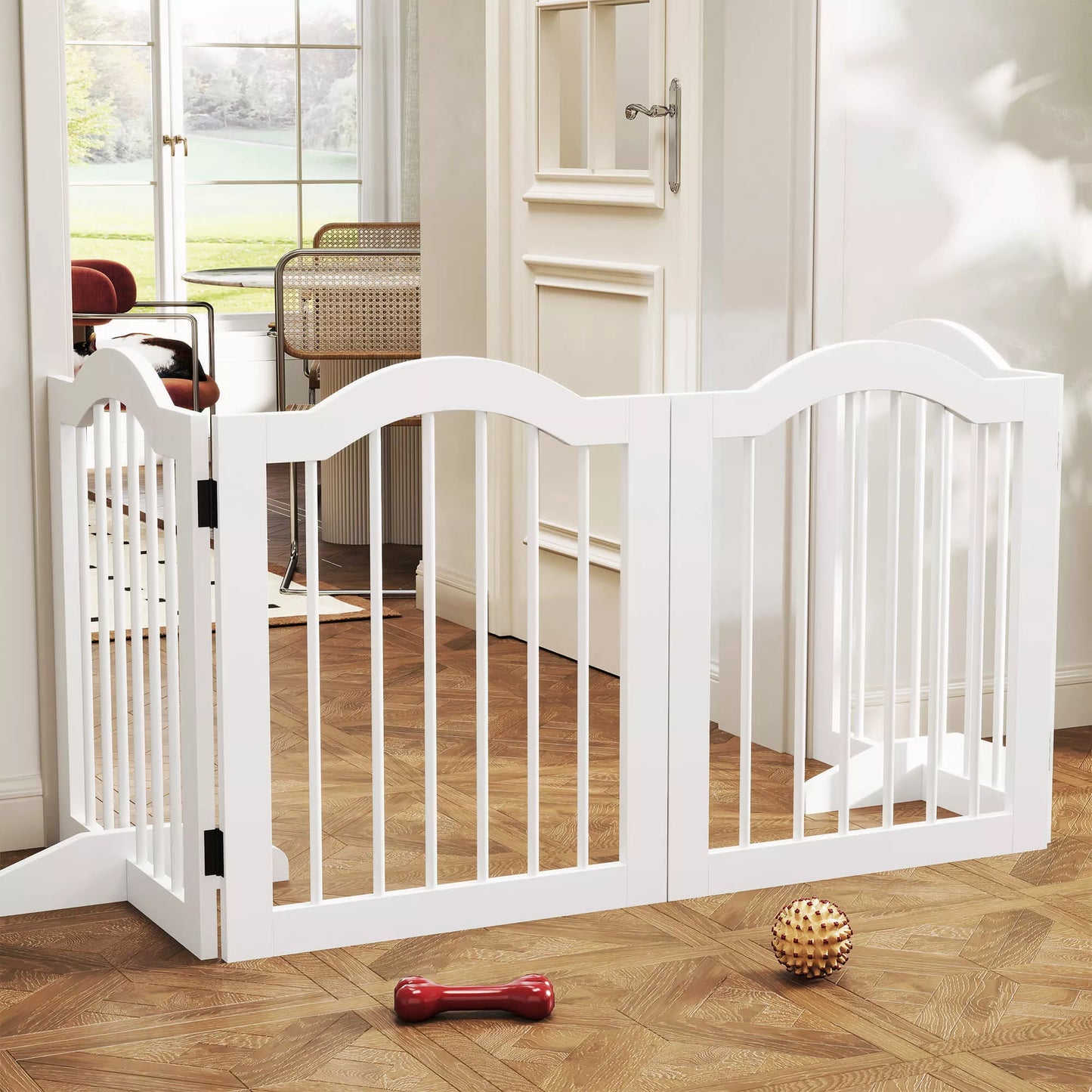 Salokāmi suņu vārti, 4 paneļi, kāpnēm, gaiteņiem, durvīm, MDF/masīvkoks, balti