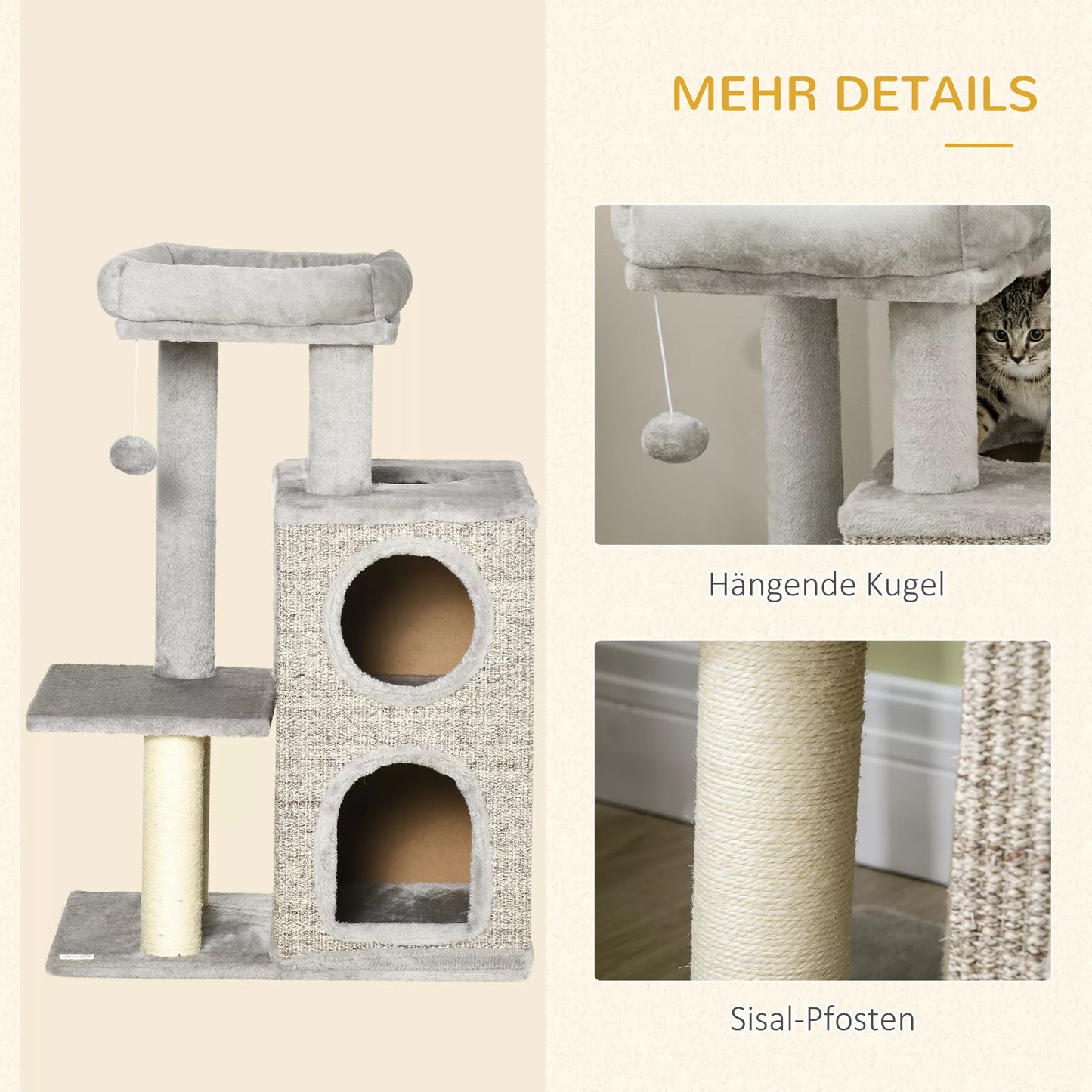 Cat tree with cat cave, cat bed and ball toy, 60 cm x 40 cm x 91 cm, light gray + natural