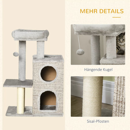 Cat tree with cat cave, cat bed and ball toy, 60 cm x 40 cm x 91 cm, light gray + natural