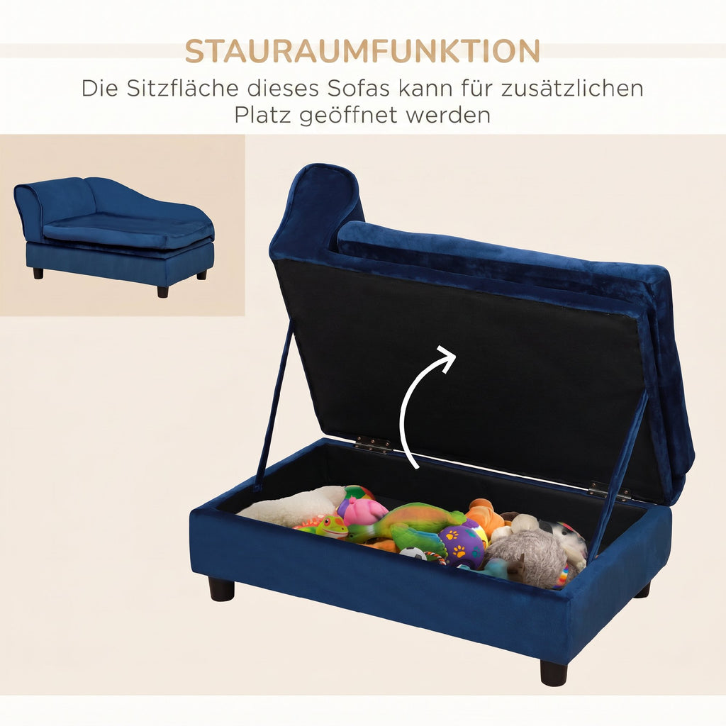Sofa šunims ir katėms su daiktadėže ir pagalvėle, pliušinė, iki 15 kg, 76x45x43 cm, mėlyna