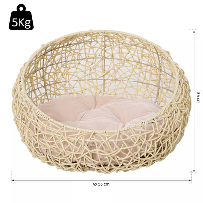Rattan cat bed, cat house with cushion, cat basket, dog bed, cat sleeping place, dog house, pet bed for cats and dogs, beige, Ø56 x 35 cm