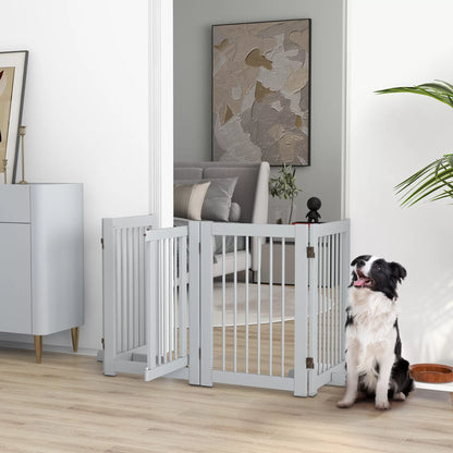Freestanding dog fence, 4 panels, flexible, pine wood, 204L x 36D x 75H cm, light grey