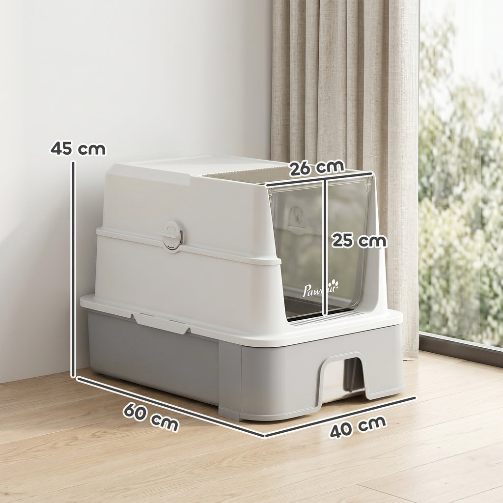 Uždaras kačių tualetas XL iš nerūdijančio plieno, 68 l, su ištraukiamu padėklu, iki 8 kg, 60x40x45 cm, pilkas