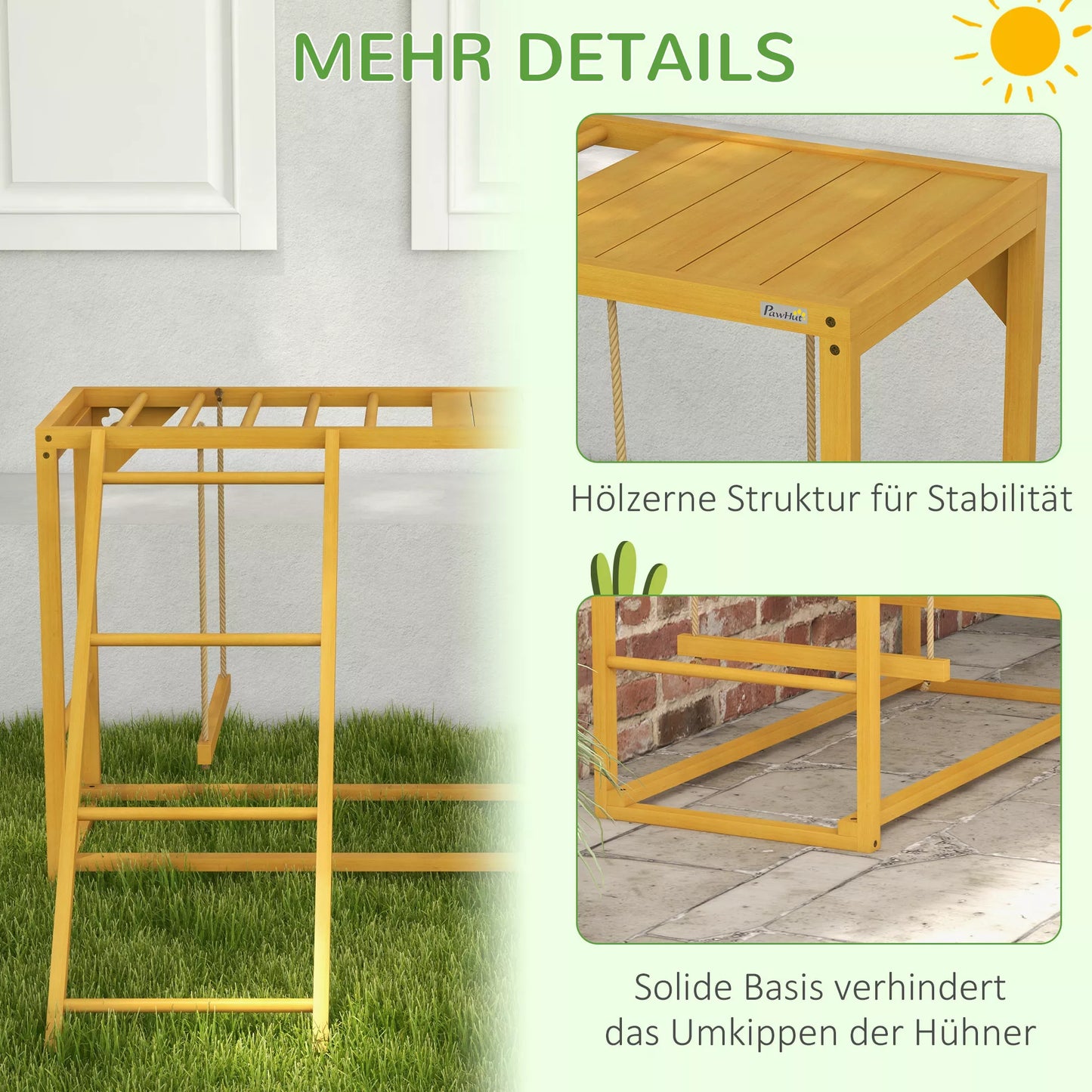 Vištidės žaidimų aikštelė su sūpynėmis ir kopėčiomis, skirta 3–4 vištoms, medinis vištų laipiojimo įrenginys