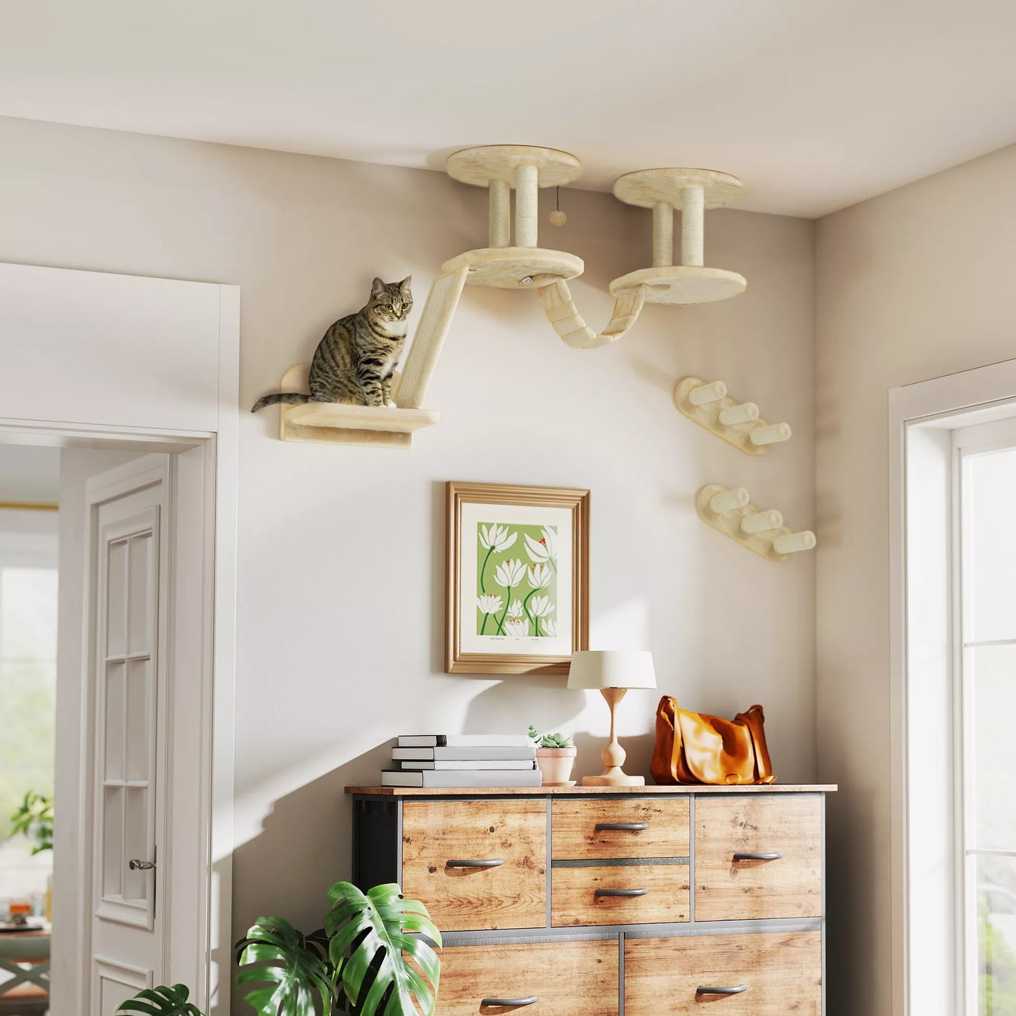 Kaķu kāpņu komplekts, stiprināms pie sienas un griestiem, kaķiem līdz 5 kg, bēšs