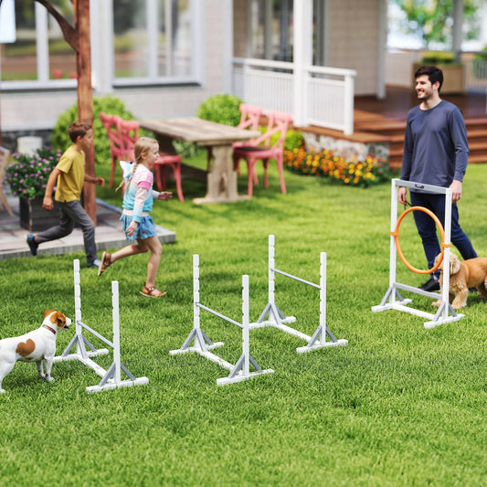 Suņu veiklības komplekts, 4 daļu treniņu aprīkojums ar regulējama augstuma šķēršļiem un stīpu, balts