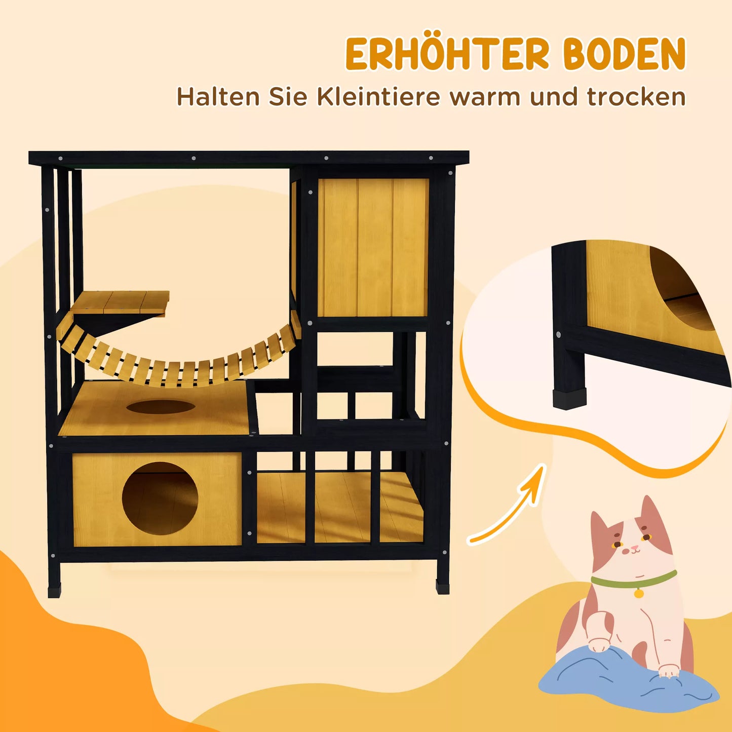 Kaķu māja, kaķu gulta, kaķu ala, laikapstākļiem izturīga, 1 rampa, 1 platforma, 84,5 x 60 x 88 cm, zaļa + dabīga