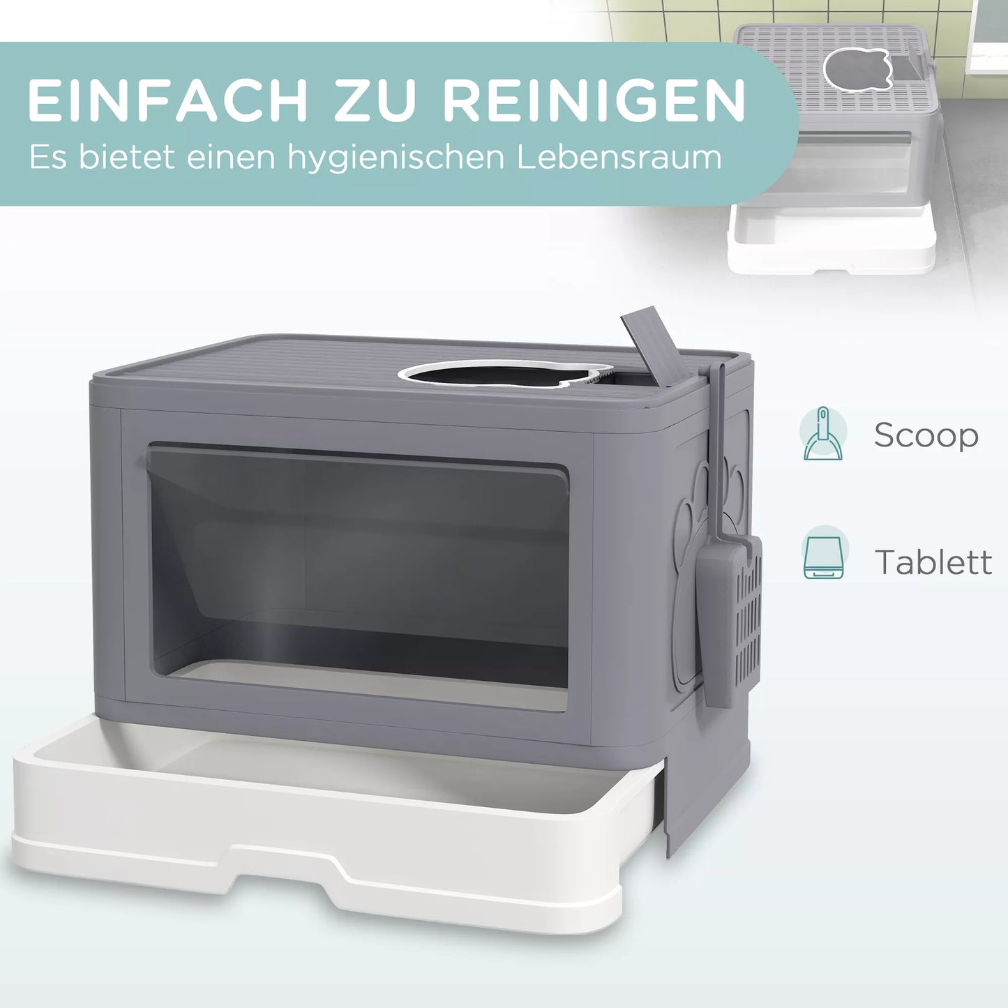 Kačių tualetas su dangčiu, 2 įėjimai, 48,5 x 38 x 36,5 cm, Pilka + Balta