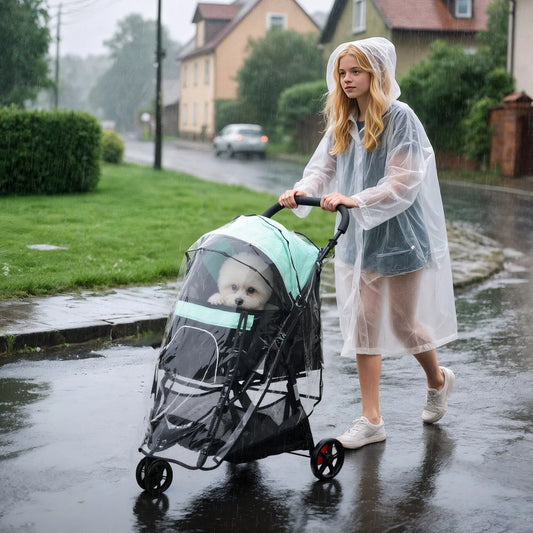 Mājdzīvnieku ratiņi, salokāmi, ar lietus pārsegu, 2 krūzīšu turētājiem, zili + zaļi