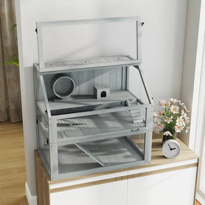 Koka māja kāmīšiem, 3 stāvu ar lielu dibenu, noņemamiem līmeņiem, maziem dzīvniekiem, 80x50x76cm, gaiši pelēka