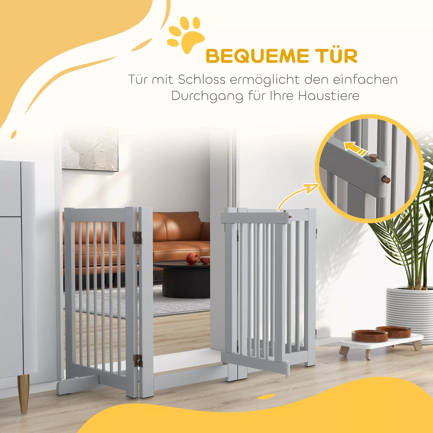 Freestanding dog fence, 4 panels, flexible, pine wood, 204L x 36D x 75H cm, light grey